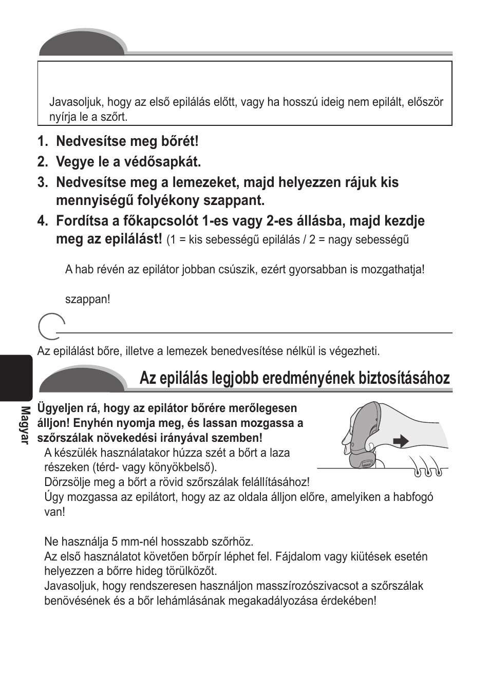 Nedves/habos epilálás, Az epilálás legjobb eredményének biztosításához | Panasonic ES2055 User Manual | Page 124 / 168