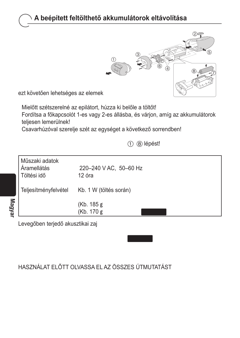 A beépített feltölthető akkumulátorok eltávolítása | Panasonic ES2055 User Manual | Page 128 / 168