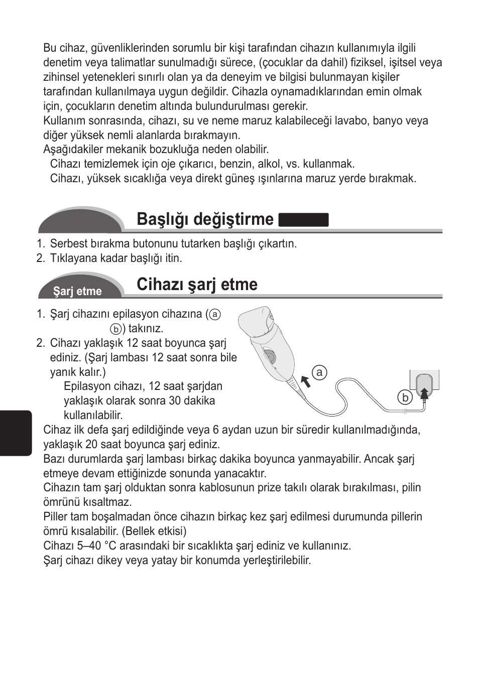 Başlığı değiştirme, Cihazı şarj etme | Panasonic ES2055 User Manual | Page 132 / 168