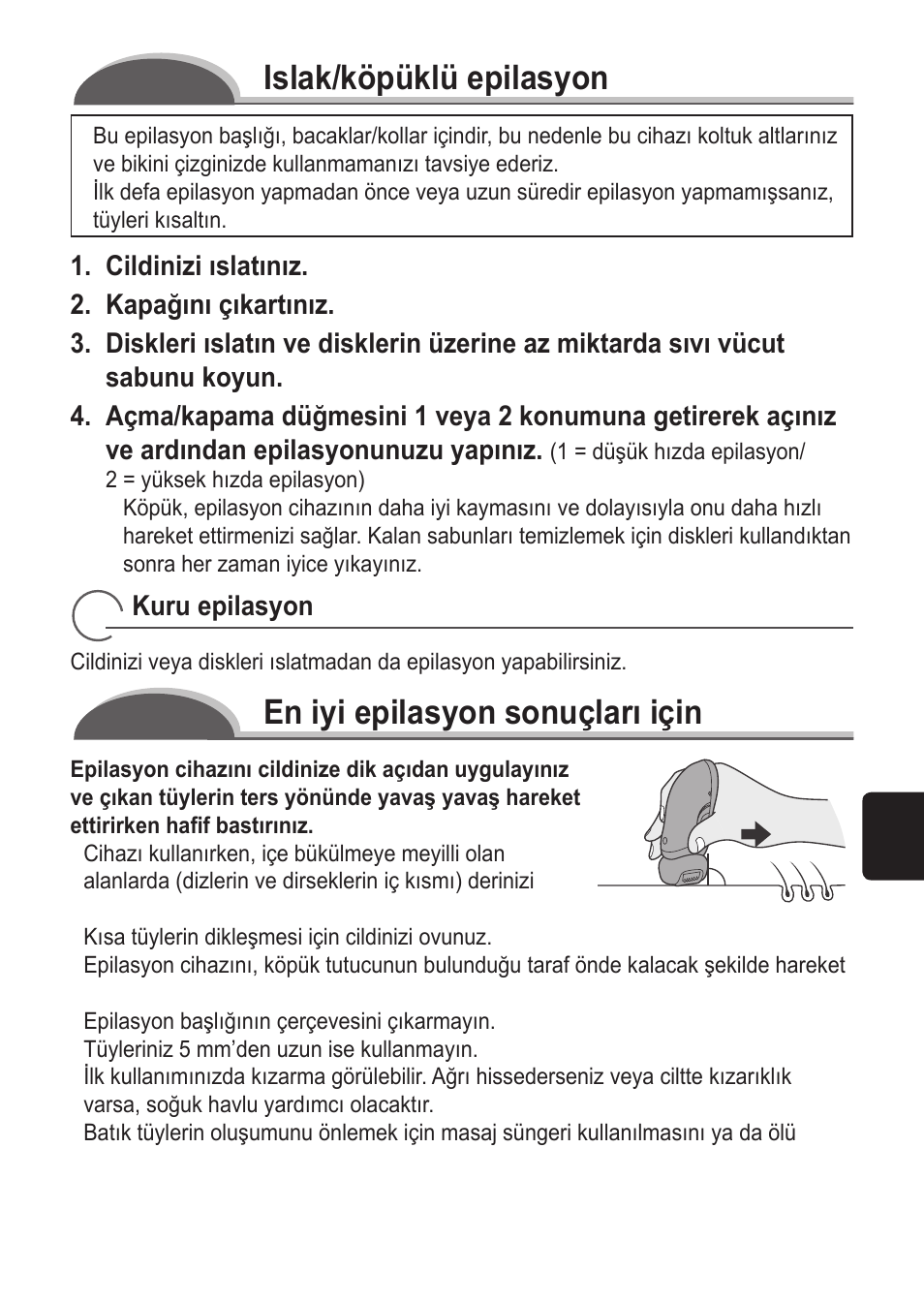 Islak/köpüklü epilasyon, En iyi epilasyon sonuçları için | Panasonic ES2055 User Manual | Page 133 / 168