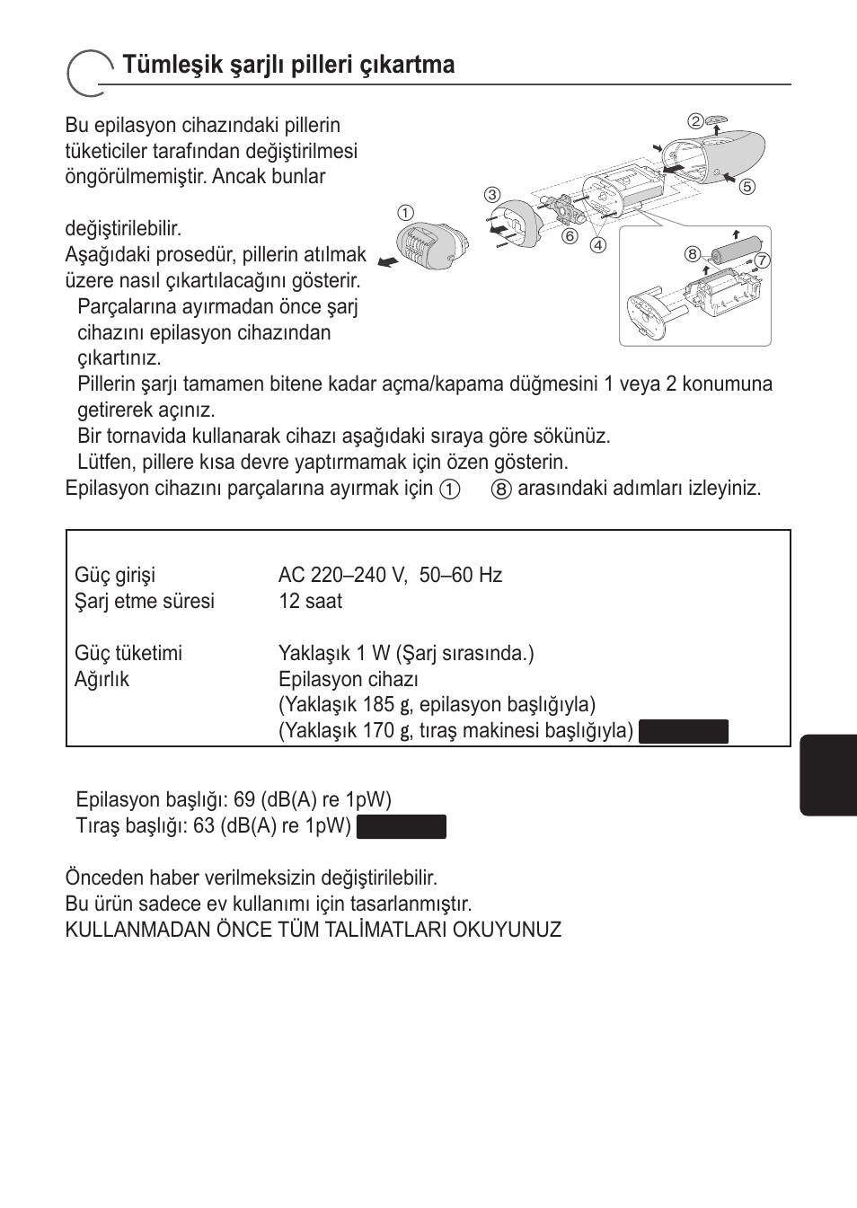 Tümleşik şarjlı pilleri çıkartma | Panasonic ES2055 User Manual | Page 137 / 168