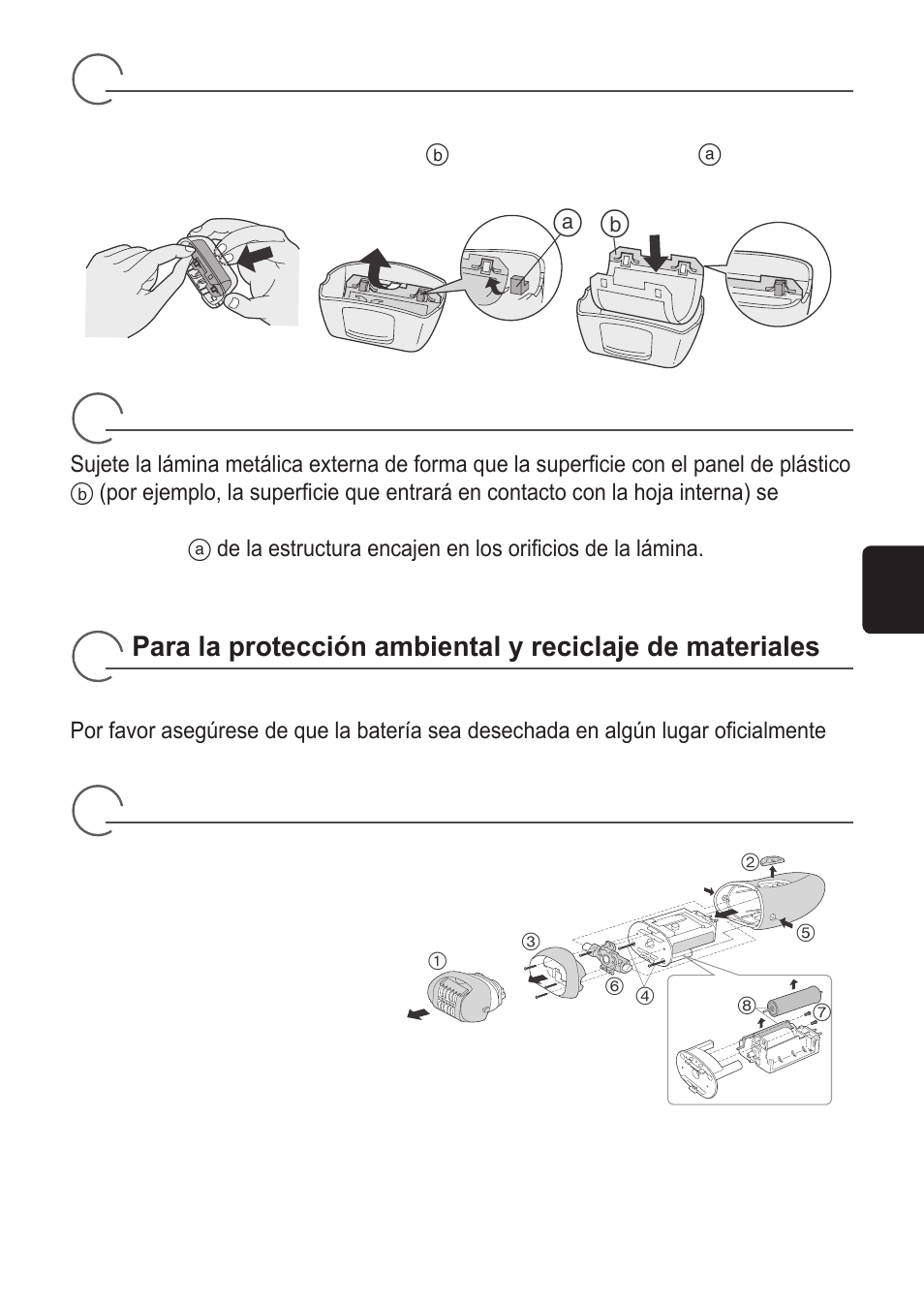 Extracción de la lámina metálica externa, Colocación de la nueva lámina metálica externa, Eliminación de las baterías recargables integradas | Panasonic ES2055 User Manual | Page 39 / 168