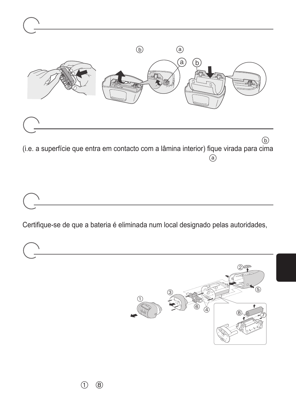 Remoção da folha metálica exterior, Instalação da nova folha metálica exterior, Para protecção ambiental e reciclagem de materiais | Remoção das baterias recarregáveis incorporadas | Panasonic ES2055 User Manual | Page 55 / 168