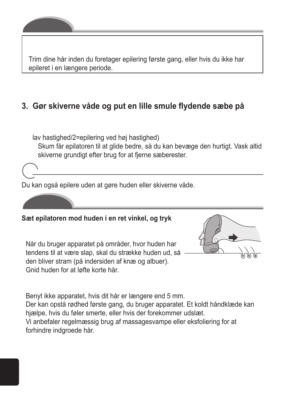 Våd/skumepilering, For bedste epileringsresultater, Tør epilering | Panasonic ES2055 User Manual | Page 76 / 168