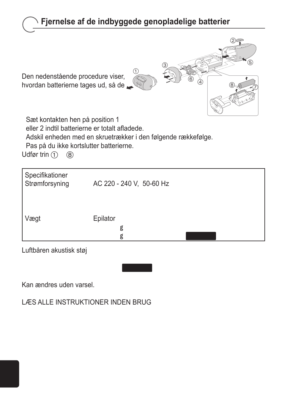 Fjernelse af de indbyggede genopladelige batterier | Panasonic ES2055 User Manual | Page 80 / 168