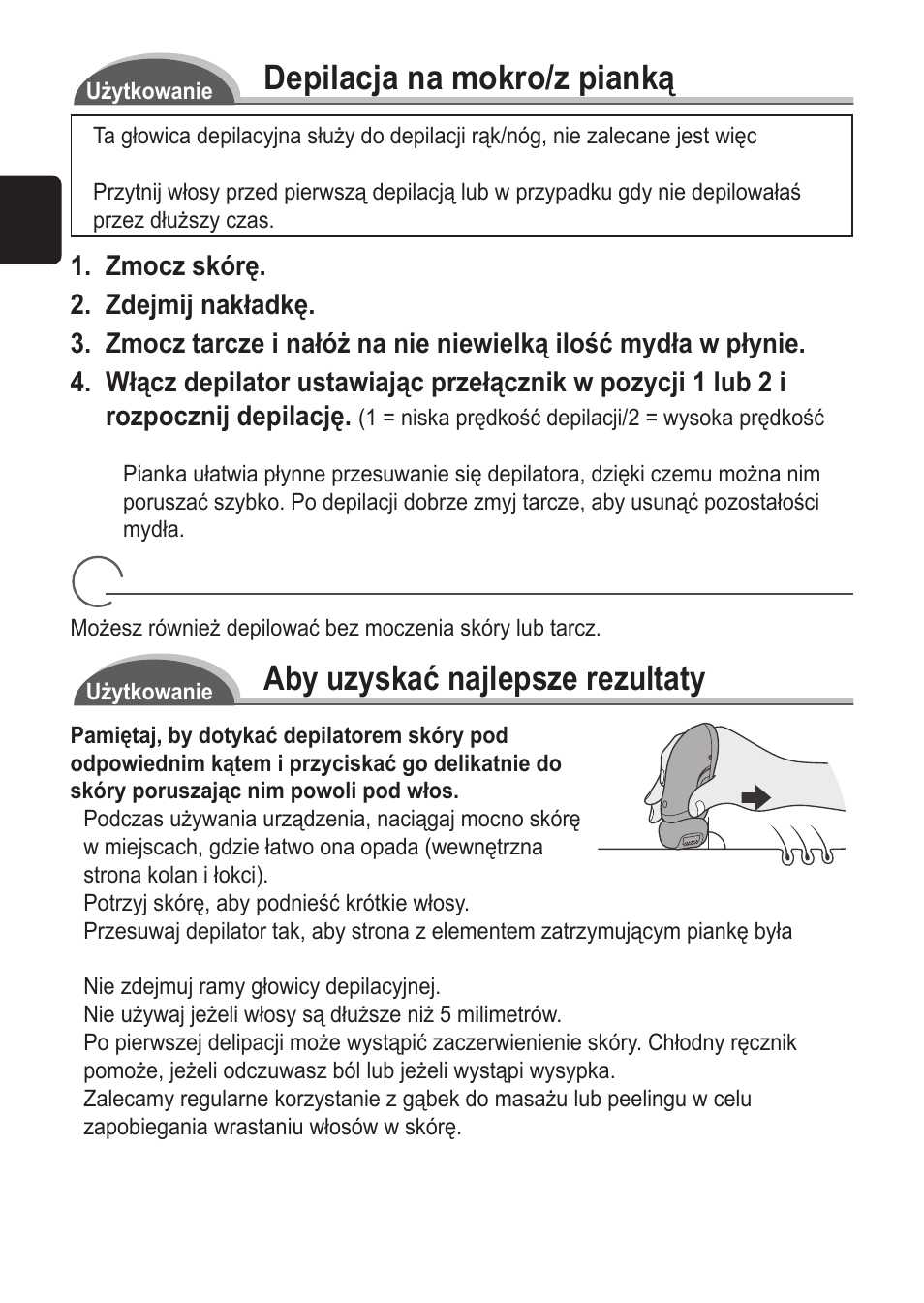 Depilacja na mokro/z pianką, Aby uzyskać najlepsze rezultaty depilacji, Depilacja na sucho | Panasonic ES2055 User Manual | Page 92 / 168