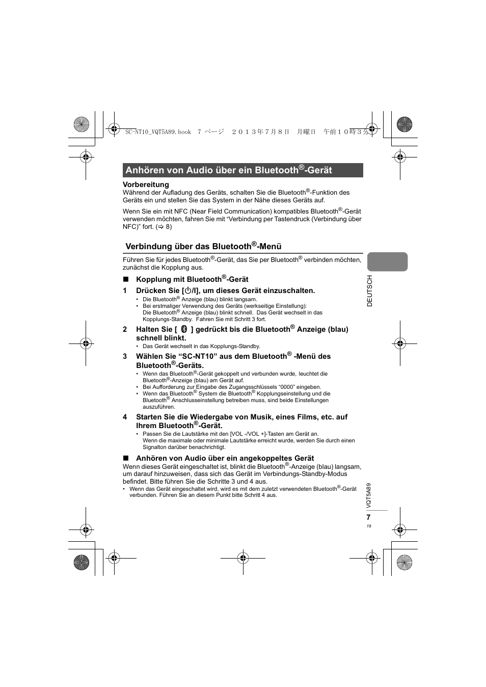 Anhören von audio über ein bluetooth, Gerät, Verbindung über das bluetooth | Menü | Panasonic SCNT10E User Manual | Page 19 / 84