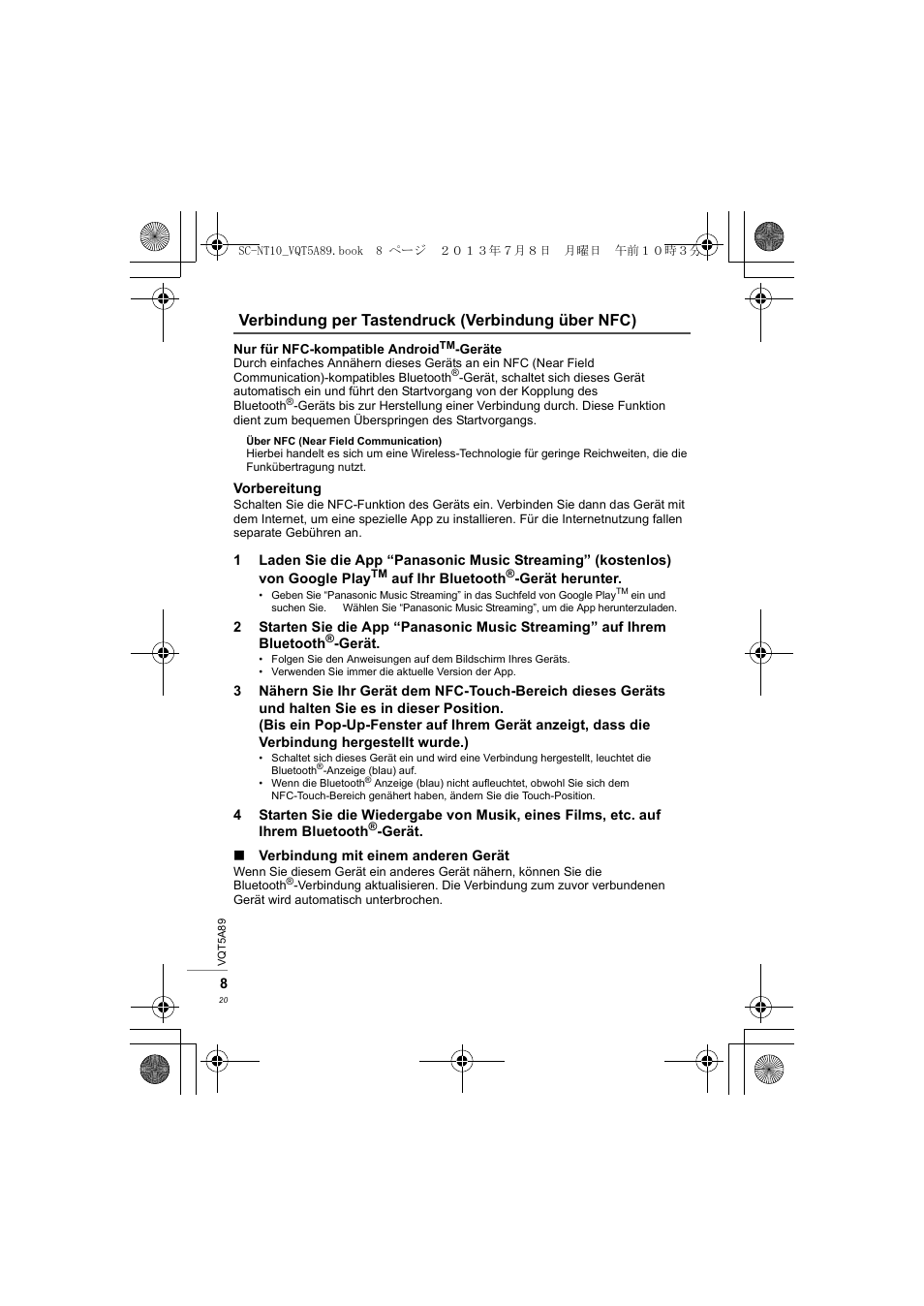 Verbindung per tastendruck (verbindung über nfc) | Panasonic SCNT10E User Manual | Page 20 / 84