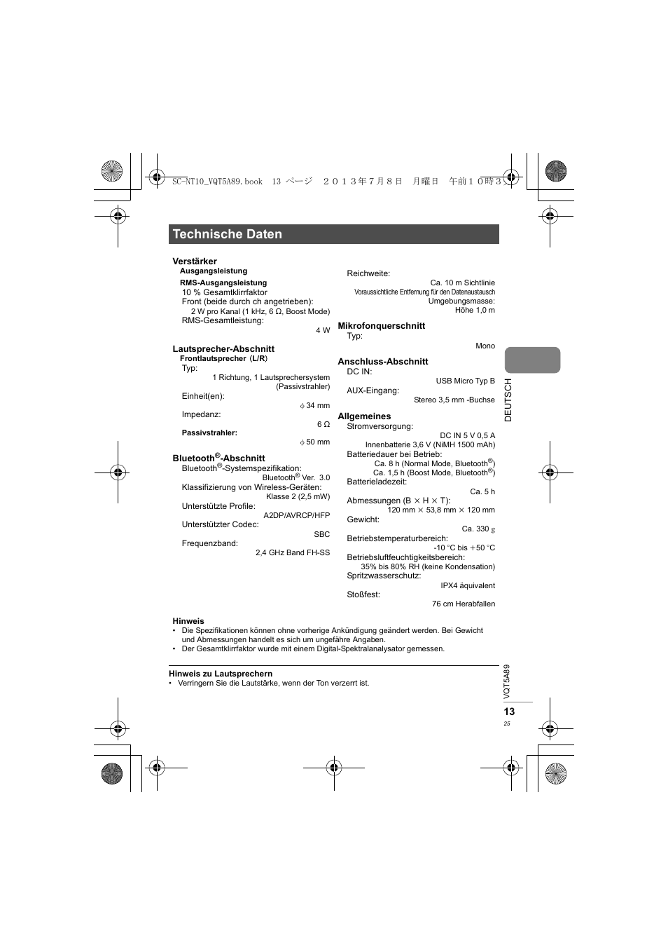 Technische daten | Panasonic SCNT10E User Manual | Page 25 / 84