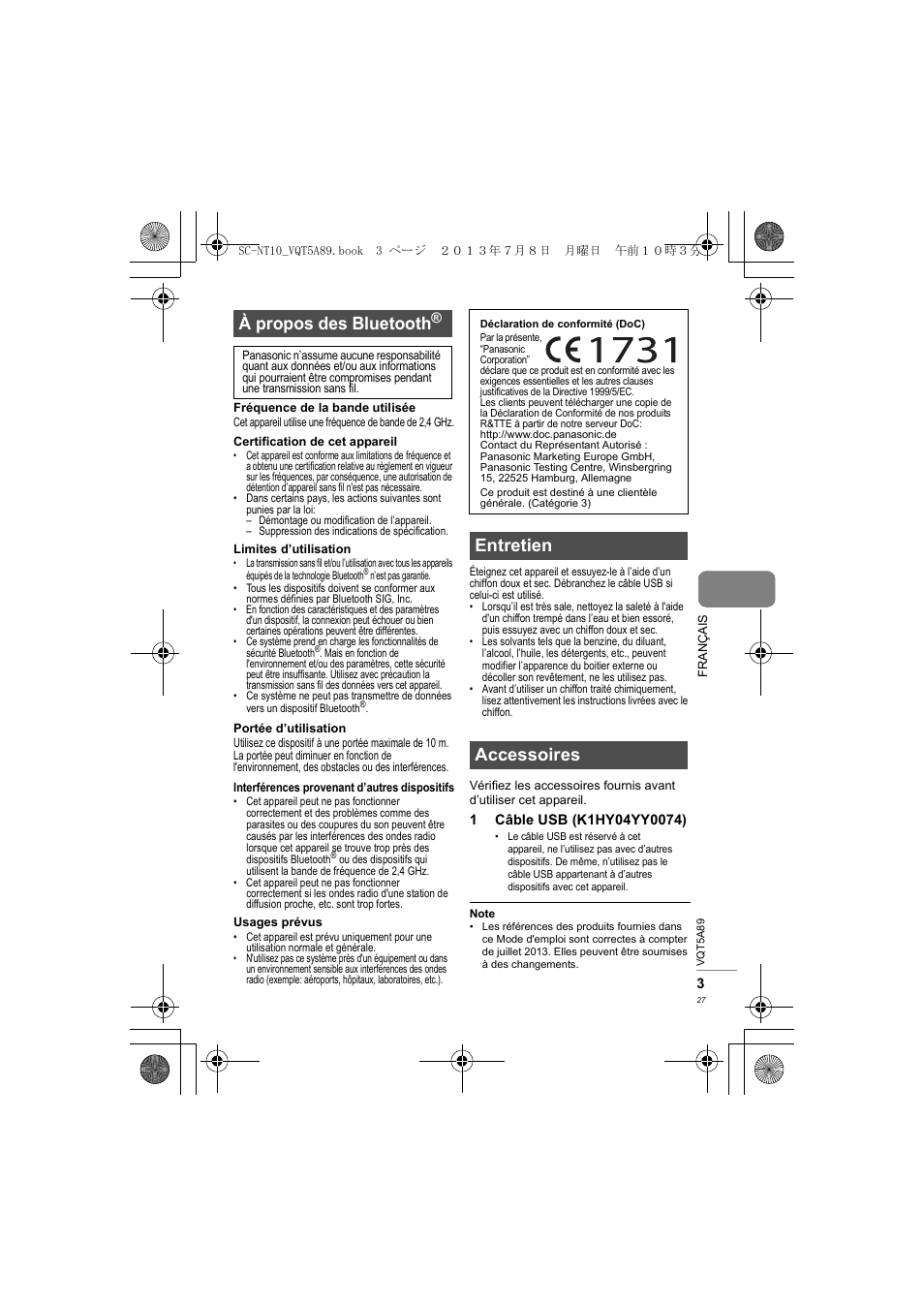 À propos des bluetooth, Entretien accessoires | Panasonic SCNT10E User Manual | Page 27 / 84