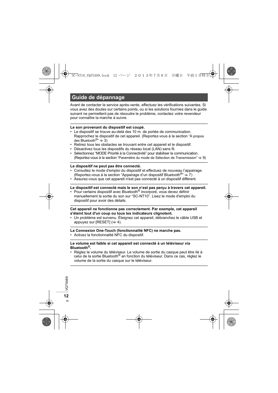 Guide de dépannage | Panasonic SCNT10E User Manual | Page 36 / 84