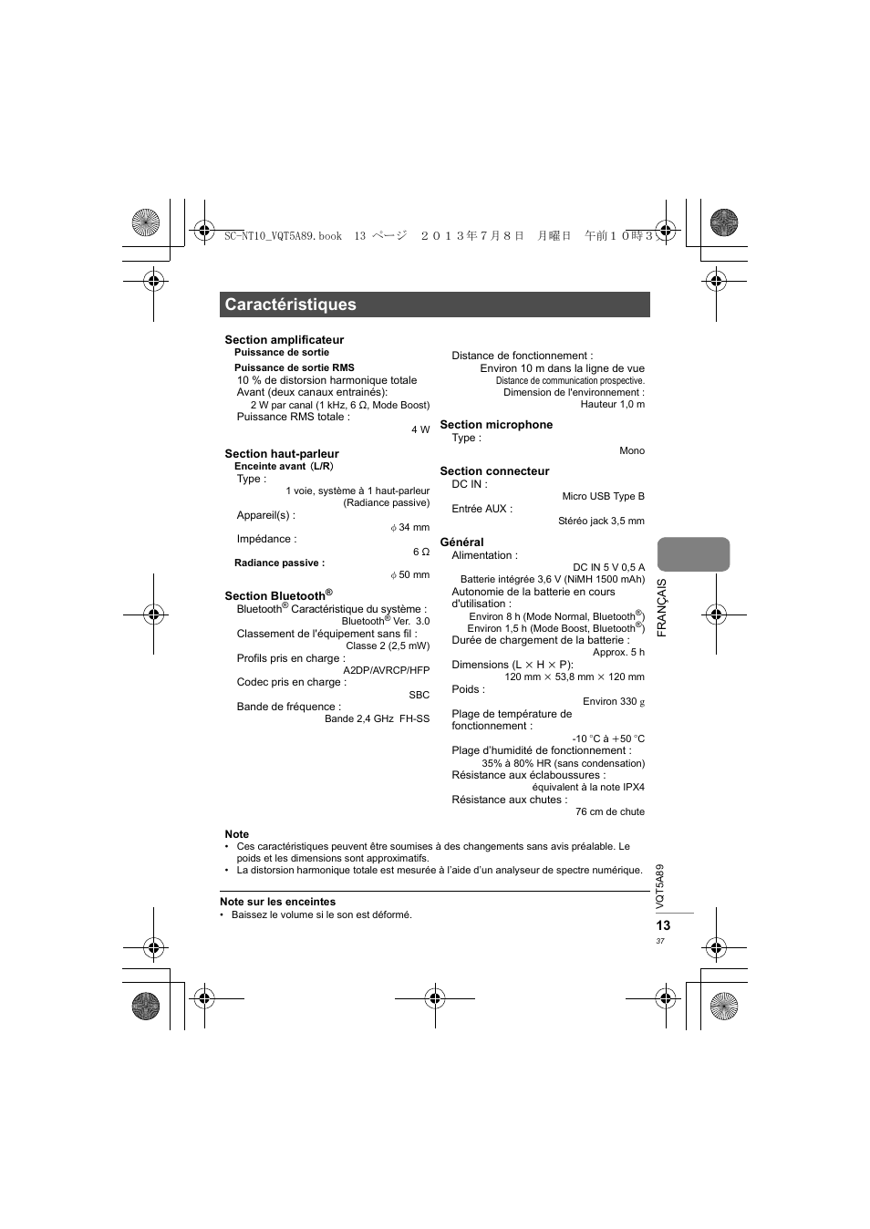 Caractéristiques | Panasonic SCNT10E User Manual | Page 37 / 84