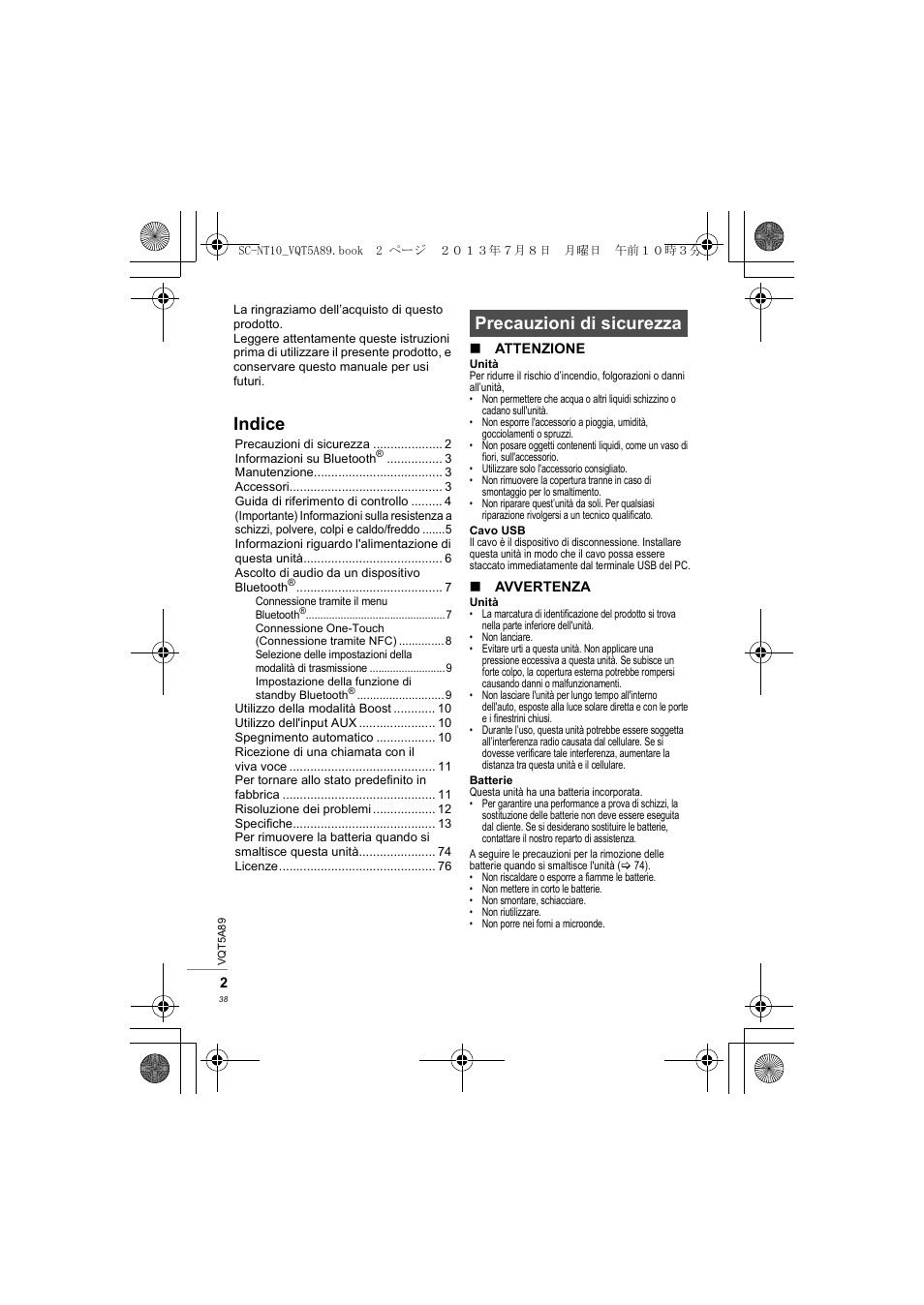 Indice, Precauzioni di sicurezza | Panasonic SCNT10E User Manual | Page 38 / 84