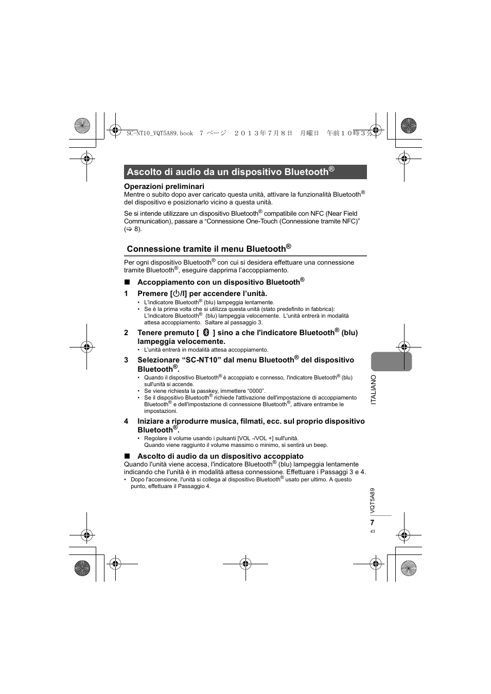 Ascolto di audio da un dispositivo bluetooth, Connessione tramite il menu bluetooth | Panasonic SCNT10E User Manual | Page 43 / 84