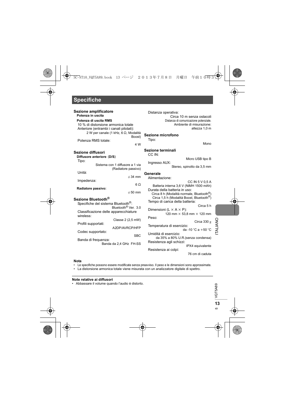 Specifiche | Panasonic SCNT10E User Manual | Page 49 / 84