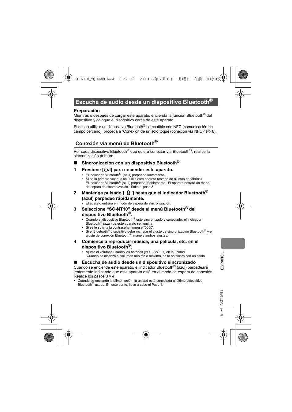 Escucha de audio desde un dispositivo bluetooth, Conexión vía menú de bluetooth | Panasonic SCNT10E User Manual | Page 55 / 84
