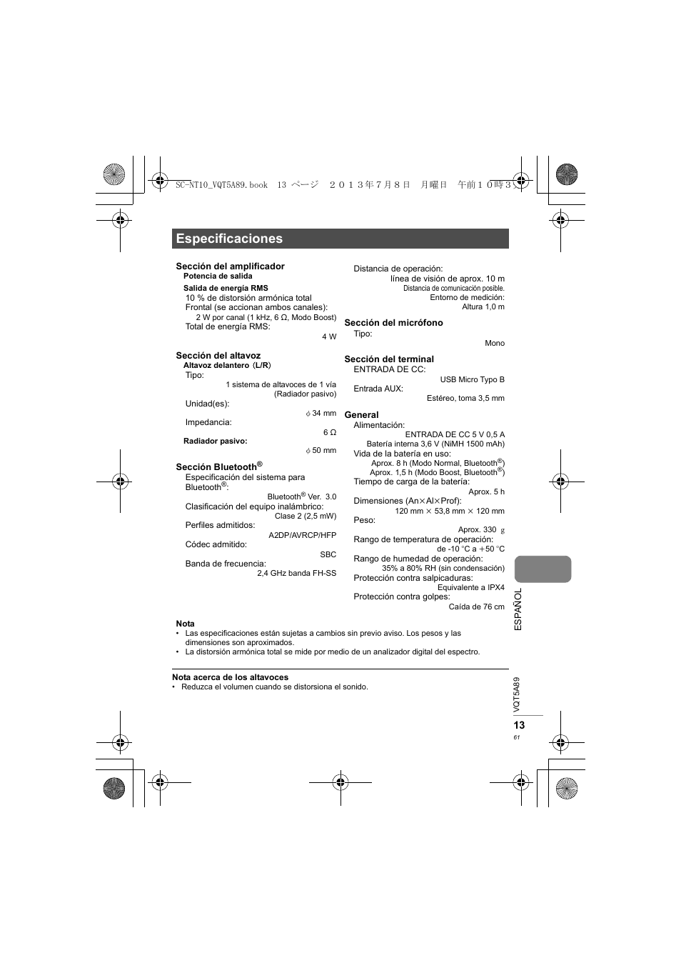 Especificaciones | Panasonic SCNT10E User Manual | Page 61 / 84