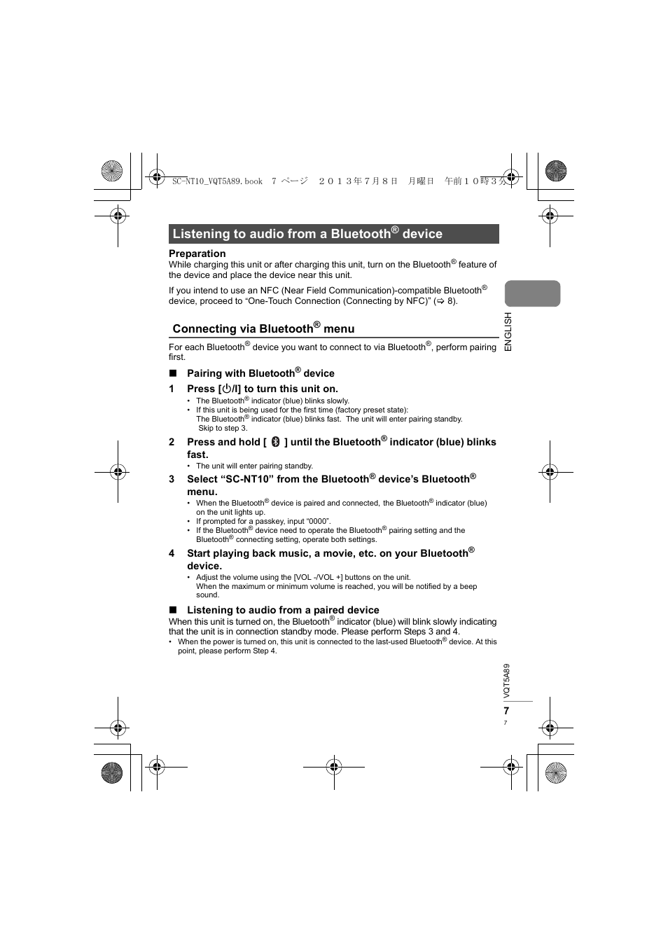 Listening to audio from a bluetooth, Device, Connecting via bluetooth | Menu | Panasonic SCNT10E User Manual | Page 7 / 84