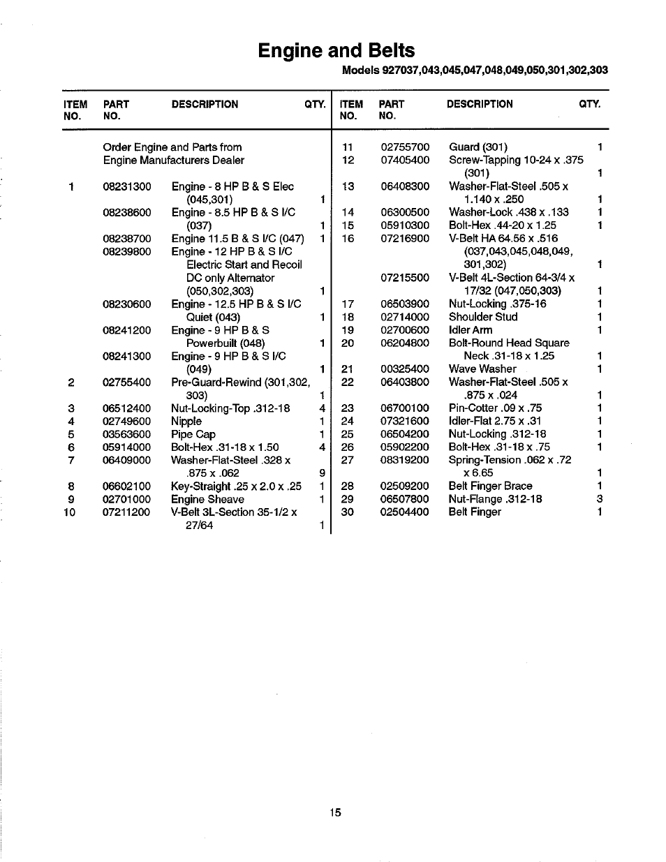 Engine and belts | Ariens 927 User Manual | Page 17 / 30