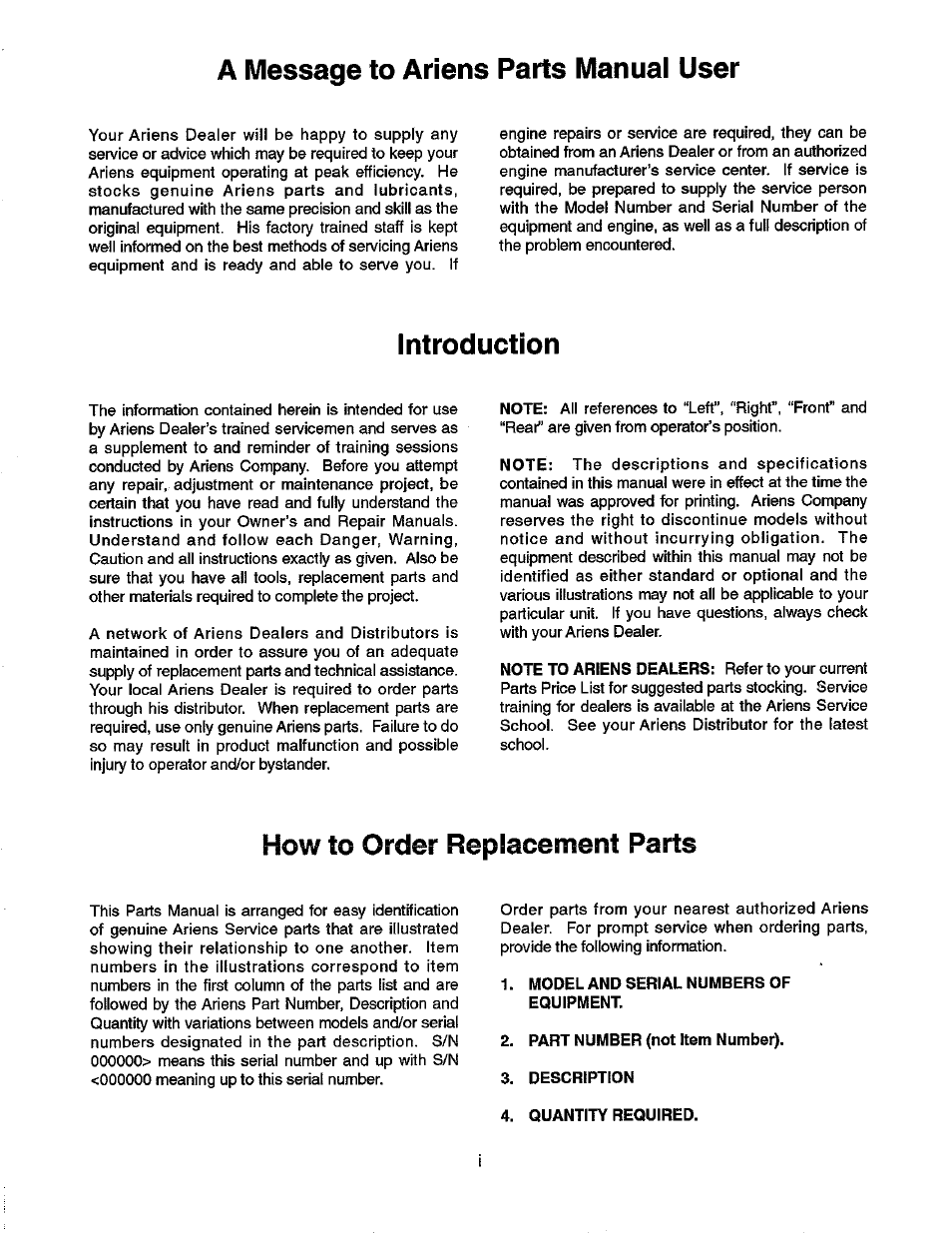 A message to ariens parts manual user, Introduction, How to order replacement parts | Model and serial numbers of equipment, Part number (not item number), Description, Quantity required | Ariens 927 User Manual | Page 2 / 30