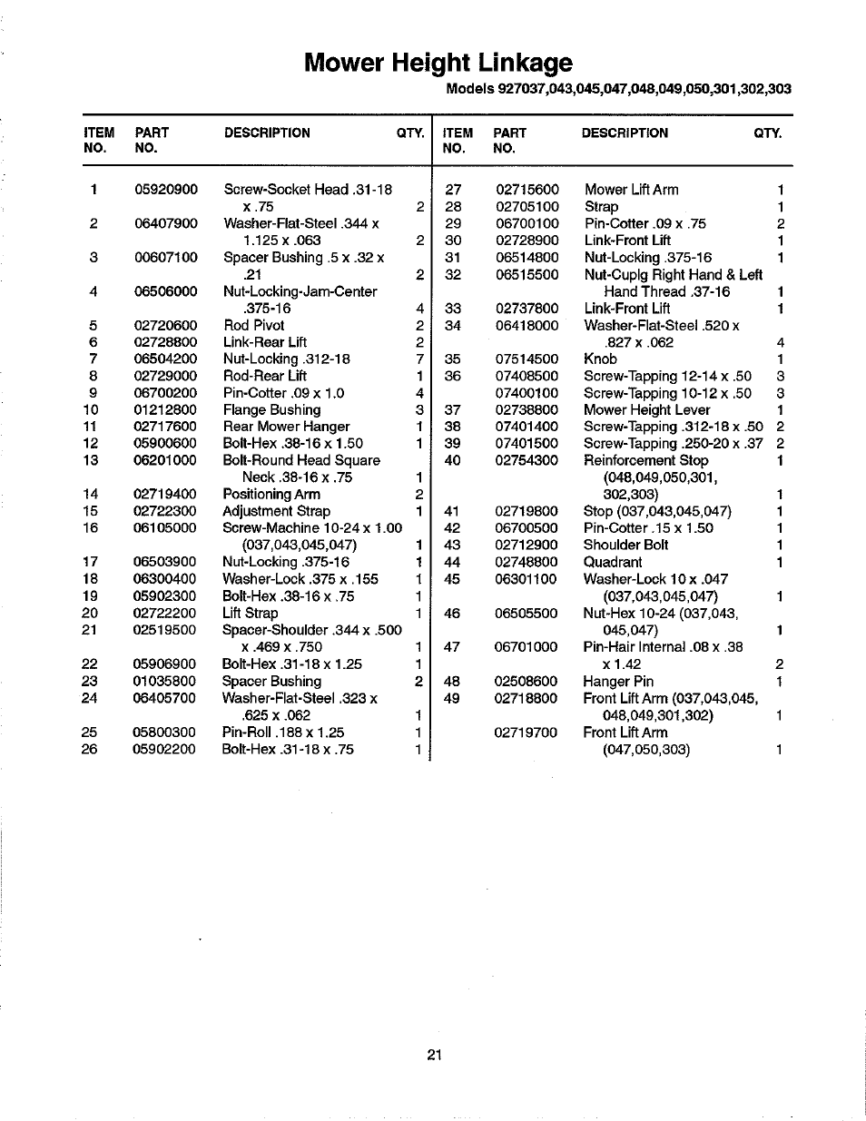 Mower height linkage | Ariens 927 User Manual | Page 23 / 30