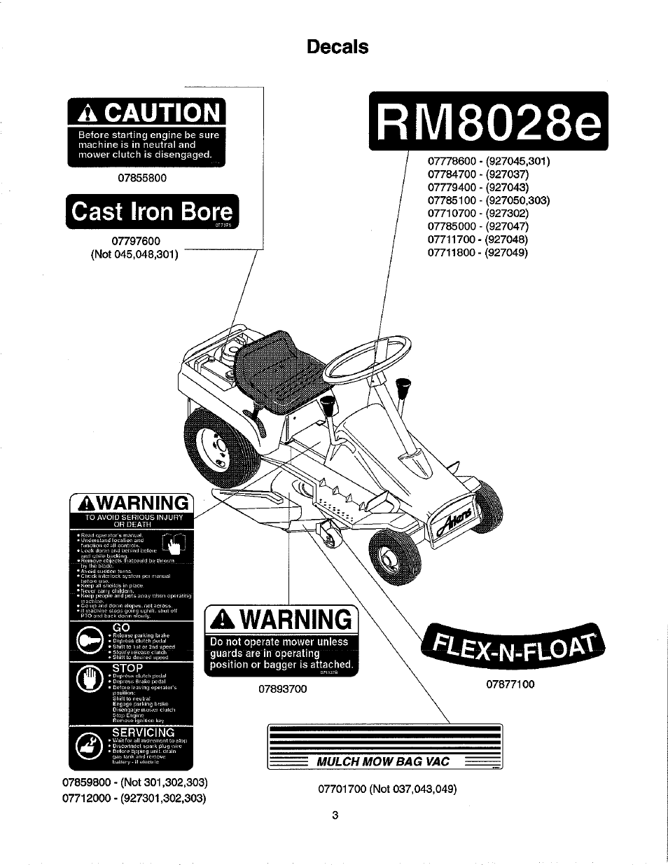 Decals, Cast iron bore, Caution | F awarningì | Ariens 927 User Manual | Page 5 / 30