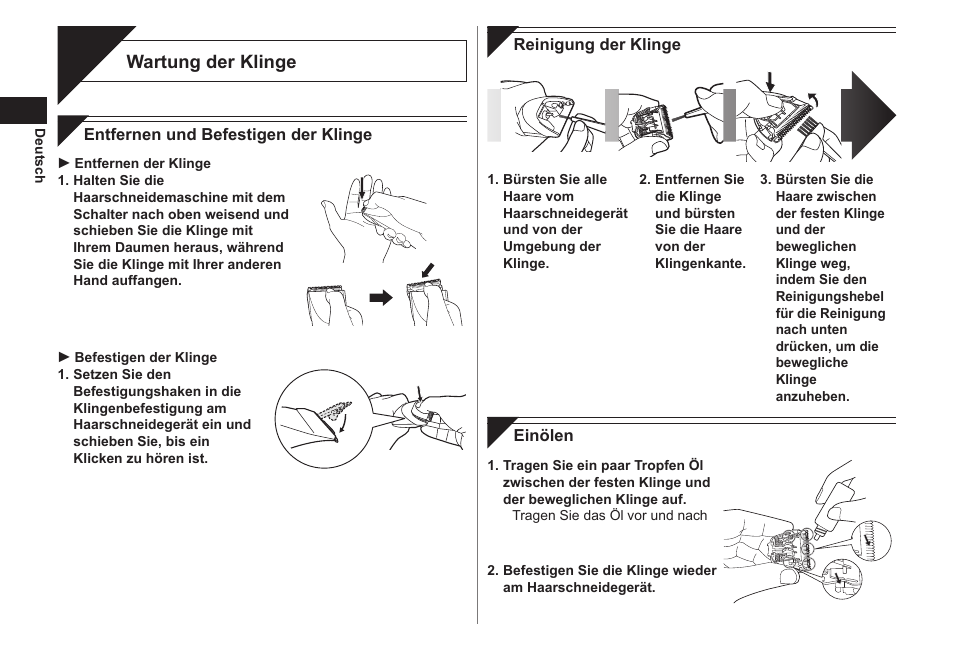 Pflege, Wartung der klinge | Panasonic ER1421 User Manual | Page 10 / 100