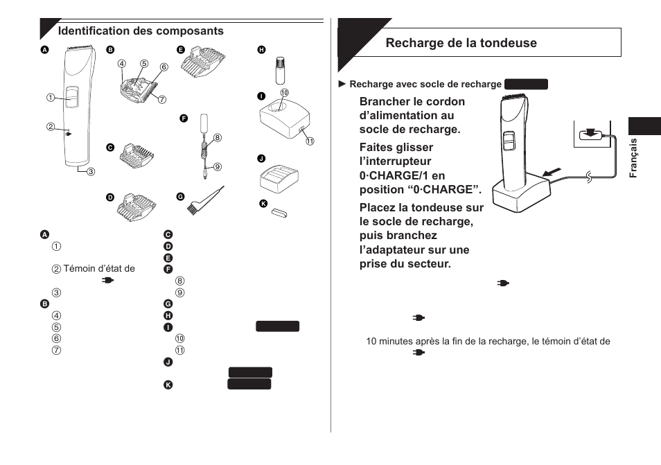 Recharge, Recharge de la tondeuse | Panasonic ER1421 User Manual | Page 13 / 100