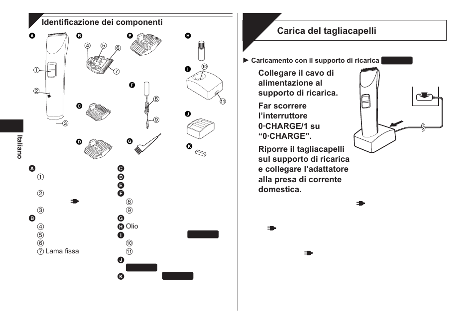 Carica, Carica del tagliacapelli | Panasonic ER1421 User Manual | Page 18 / 100