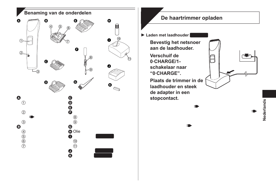 Opladen, De haartrimmer opladen | Panasonic ER1421 User Manual | Page 23 / 100