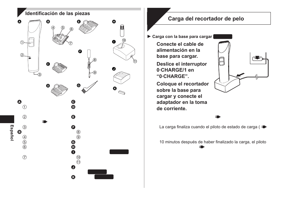 Carga, Carga del recortador de pelo | Panasonic ER1421 User Manual | Page 28 / 100