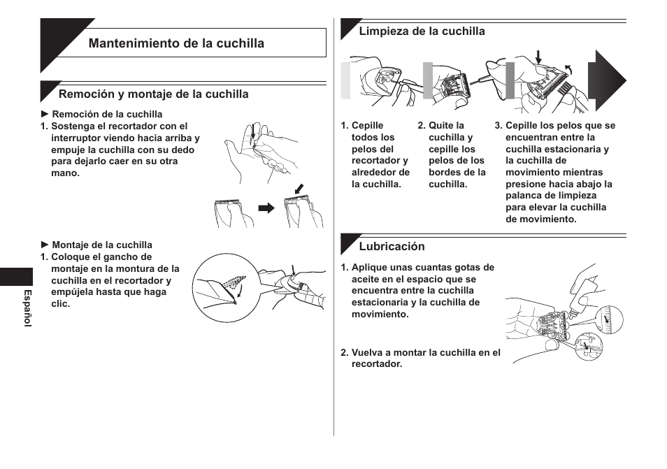 Cuidados, Mantenimiento de la cuchilla | Panasonic ER1421 User Manual | Page 30 / 100