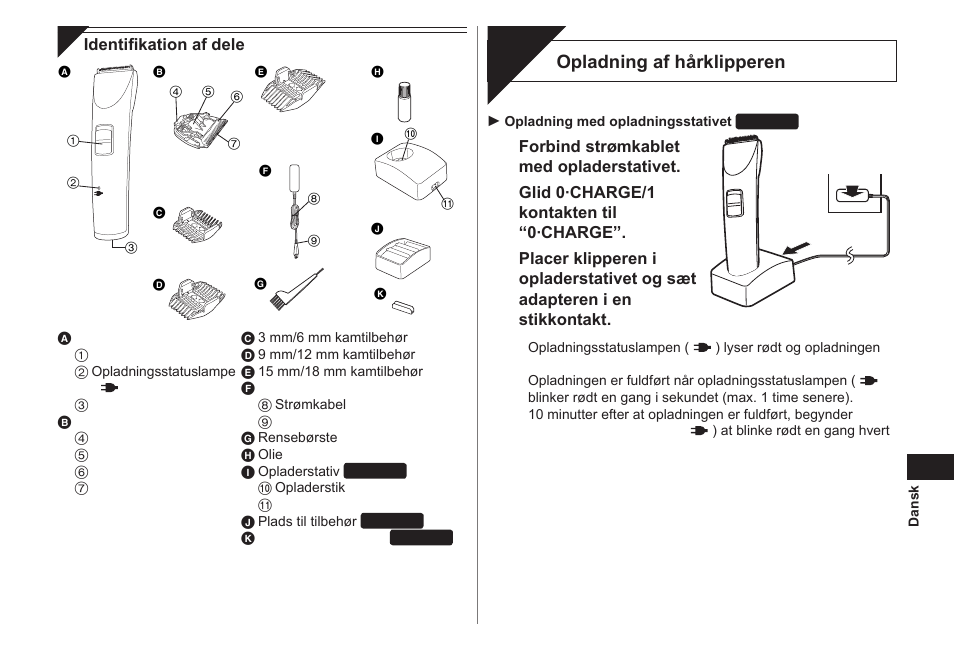 Opladning, Opladning af hårklipperen | Panasonic ER1421 User Manual | Page 33 / 100
