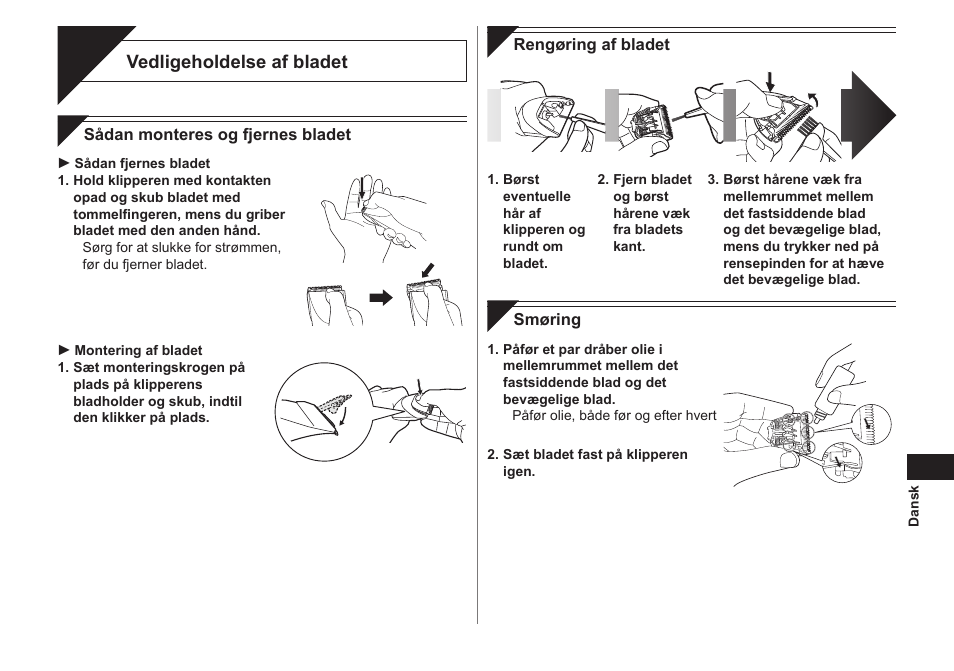 Vedligeholdelse, Vedligeholdelse af bladet | Panasonic ER1421 User Manual | Page 35 / 100