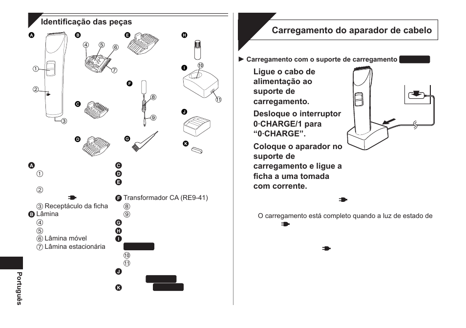 Carga, Carregamento do aparador de cabelo | Panasonic ER1421 User Manual | Page 38 / 100