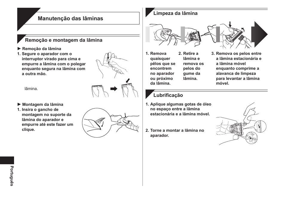 Cuidado, Manutenção das lâminas | Panasonic ER1421 User Manual | Page 40 / 100