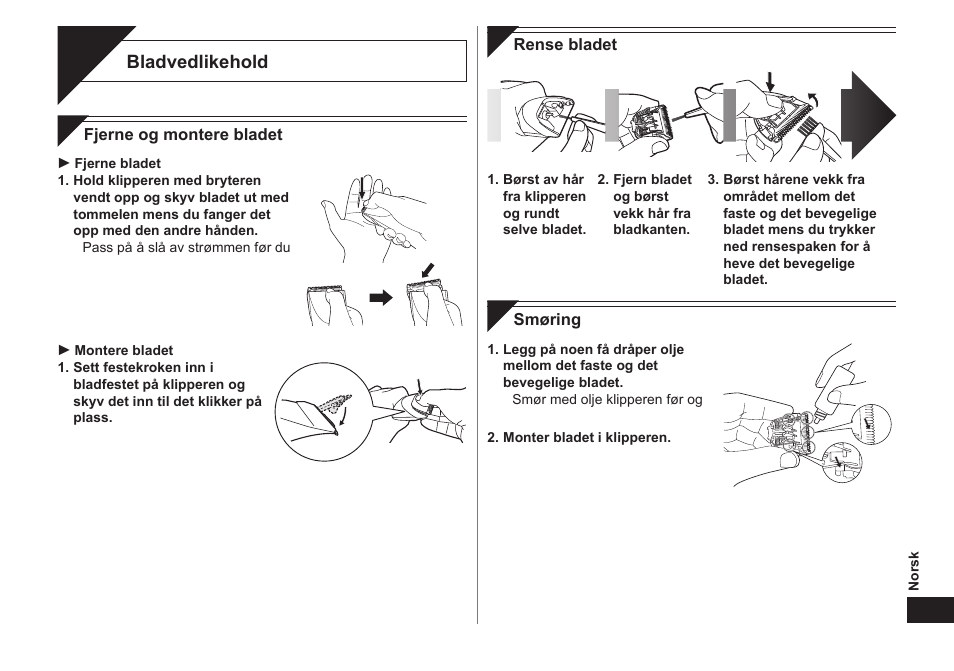 Vedlikehold, Bladvedlikehold | Panasonic ER1421 User Manual | Page 45 / 100