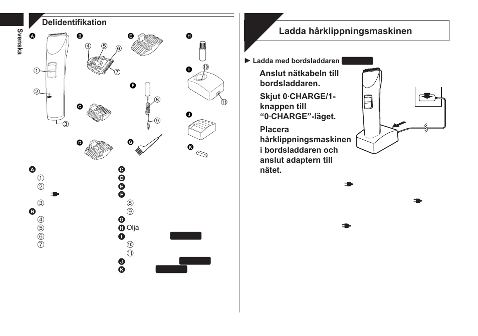 Laddning, Ladda hårklippningsmaskinen | Panasonic ER1421 User Manual | Page 48 / 100