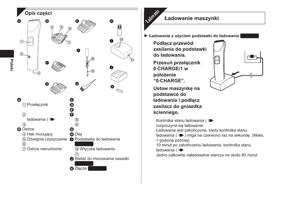 Ładowanie, Ładowanie maszynki | Panasonic ER1421 User Manual | Page 58 / 100