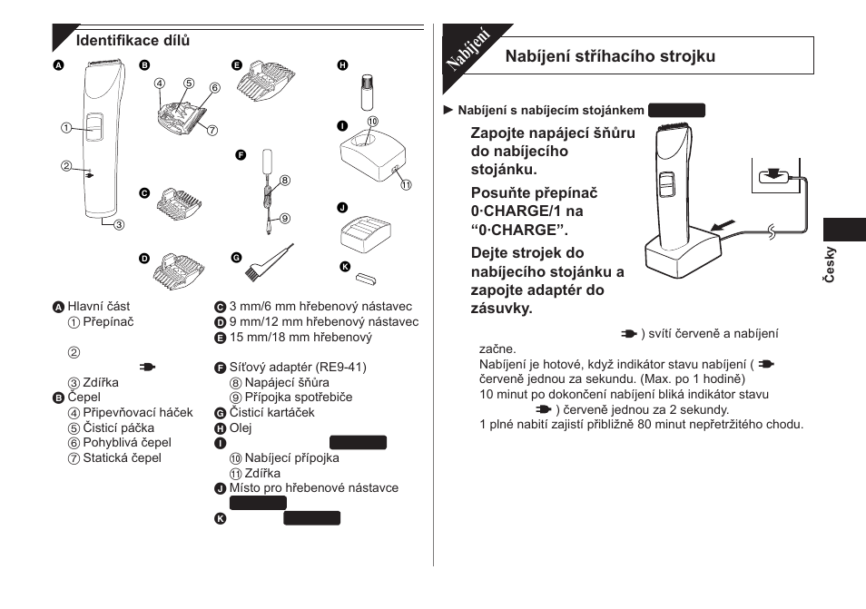 Nabíjení, Nabíjení stříhacího strojku | Panasonic ER1421 User Manual | Page 63 / 100