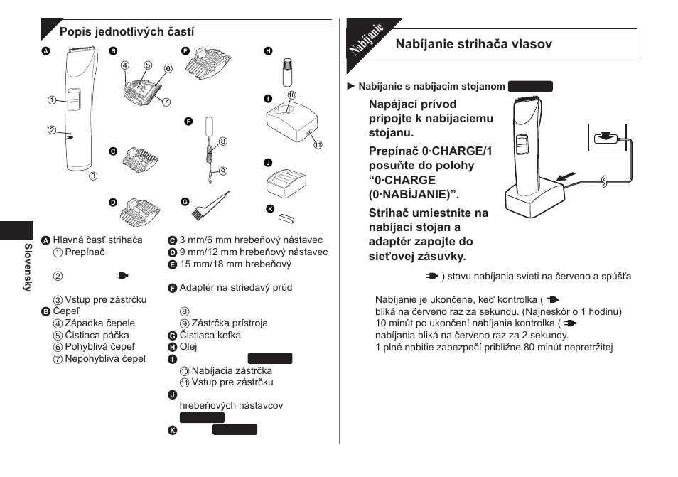 Nabíjanie, Nabíjanie strihača vlasov | Panasonic ER1421 User Manual | Page 68 / 100