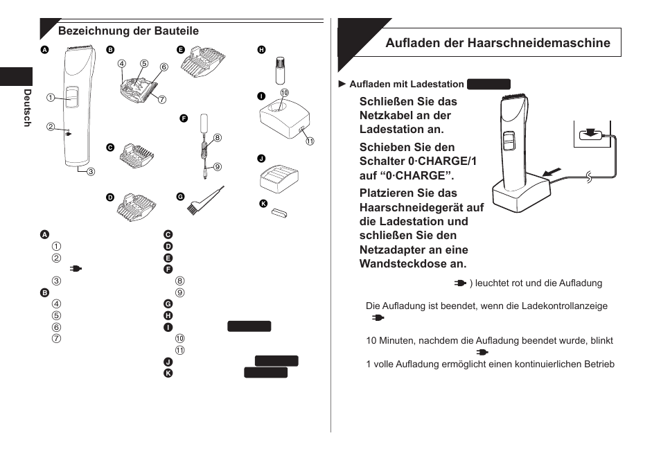 Aufladung, Aufladen der haarschneidemaschine | Panasonic ER1421 User Manual | Page 8 / 100