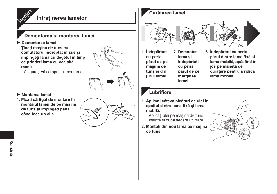 Îngrijir e, Întreţinerea lamelor | Panasonic ER1421 User Manual | Page 80 / 100