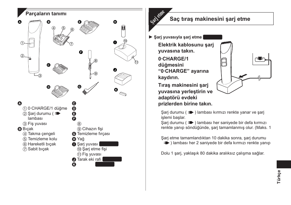 Şarj etme, Saç tıraş makinesini şarj etme | Panasonic ER1421 User Manual | Page 83 / 100