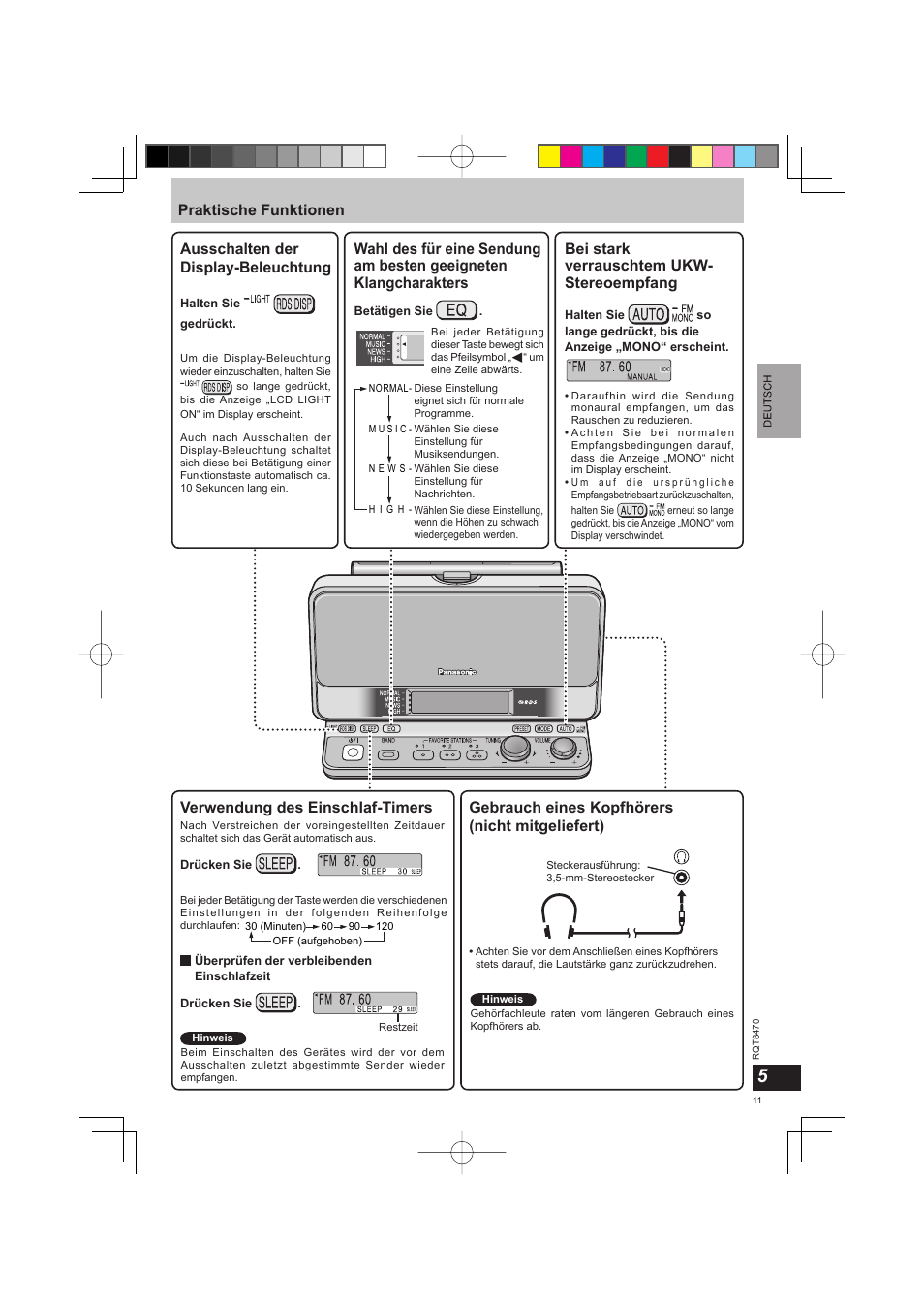 Bei stark verrauschtem ukw- stereoempfang, Verwendung des einschlaf-timers, Gebrauch eines kopfhörers (nicht mitgeliefert) | Panasonic RFU700 User Manual | Page 11 / 80