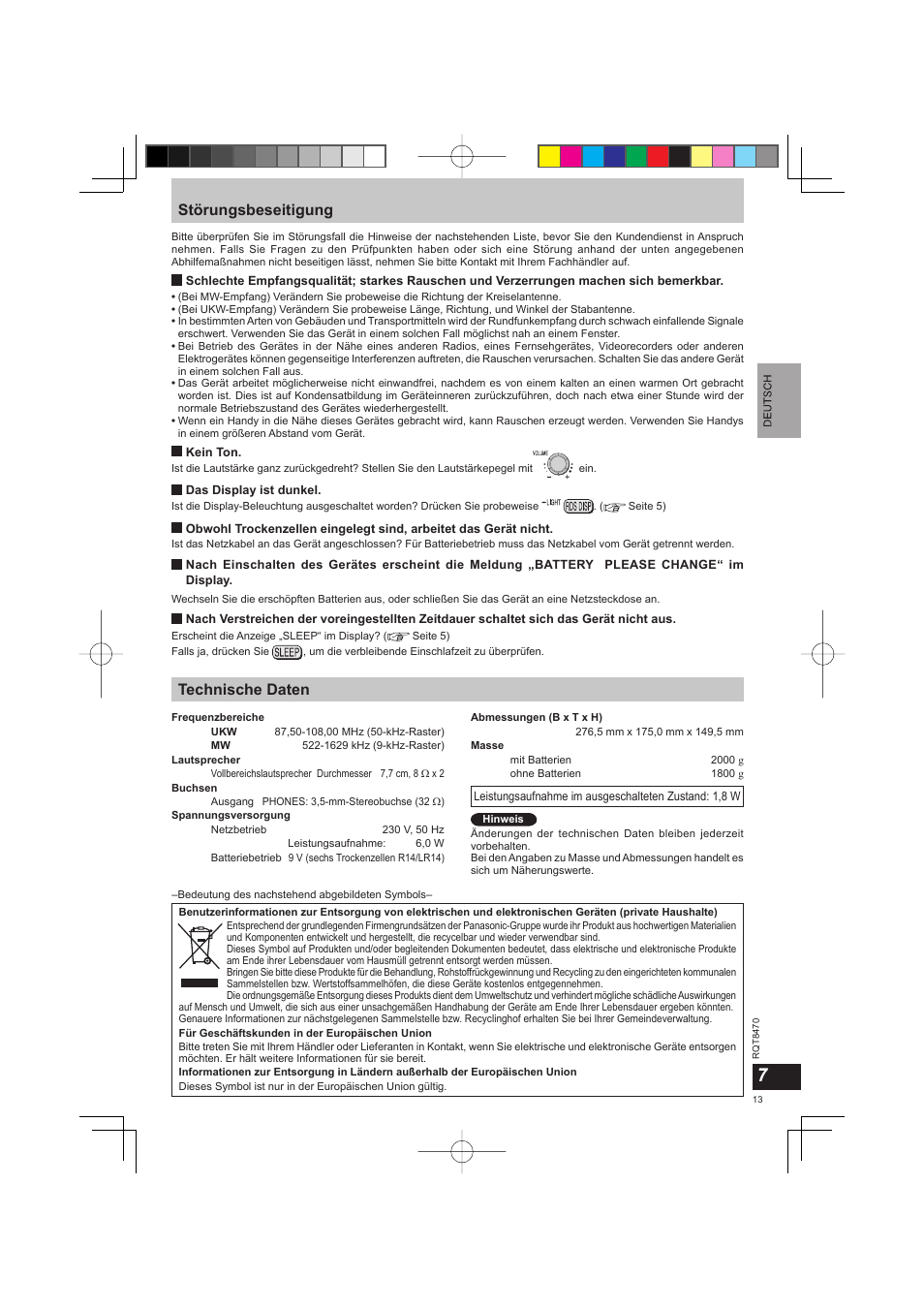 Störungsbeseitigung, Technische daten | Panasonic RFU700 User Manual | Page 13 / 80