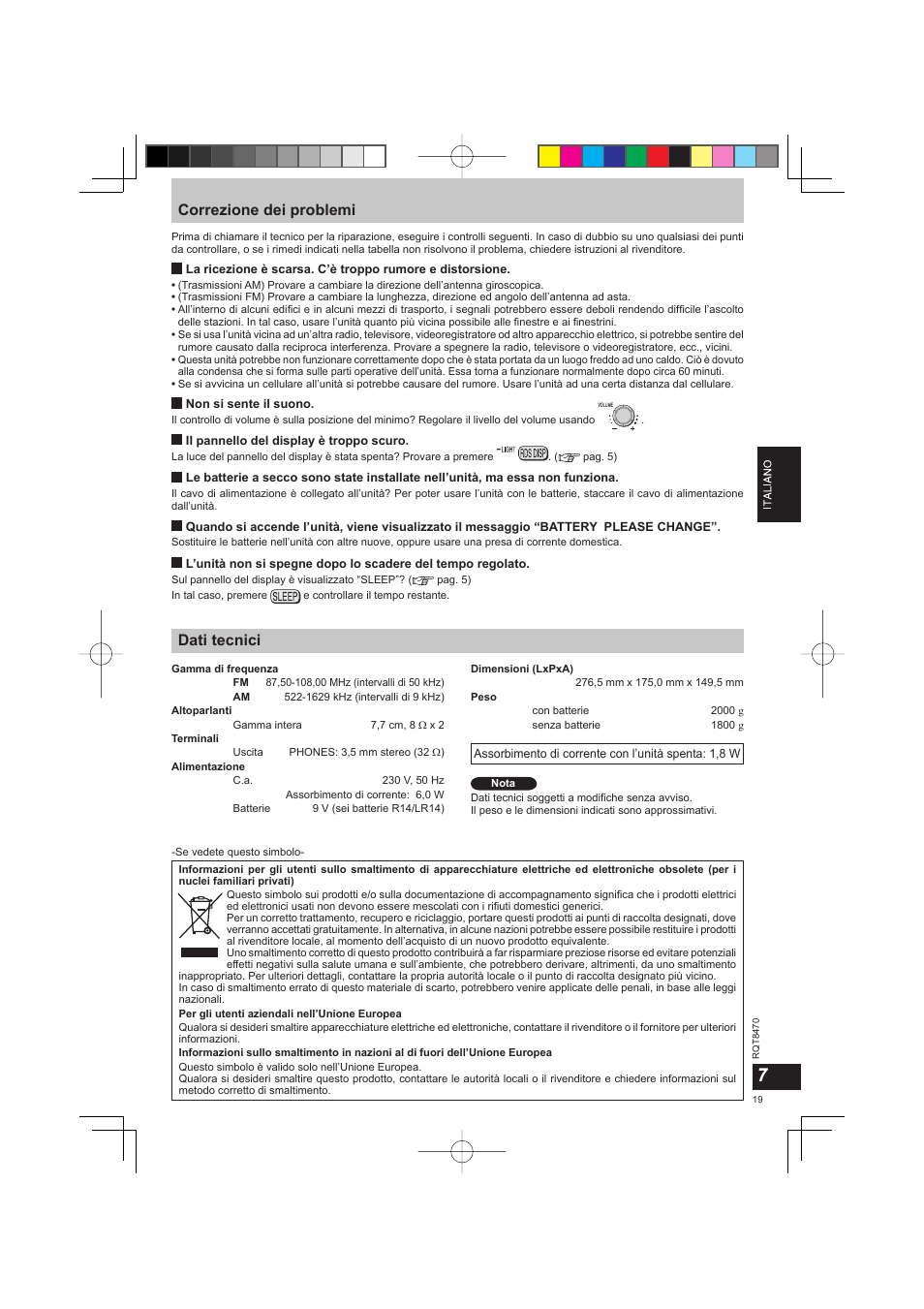 Correzione dei problemi, Dati tecnici | Panasonic RFU700 User Manual | Page 19 / 80