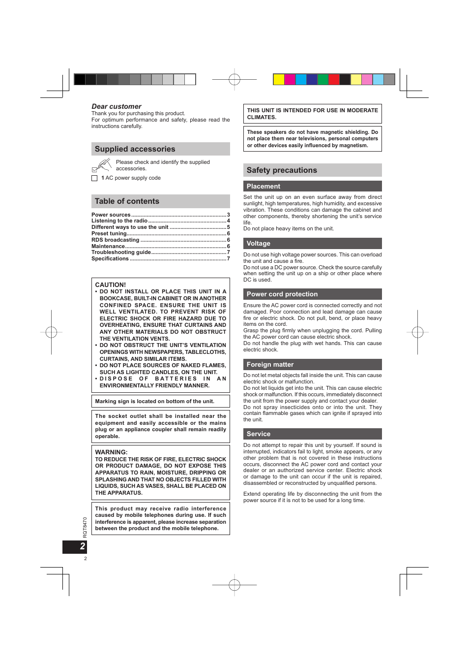 Supplied accessories table of contents, Safety precautions | Panasonic RFU700 User Manual | Page 2 / 80