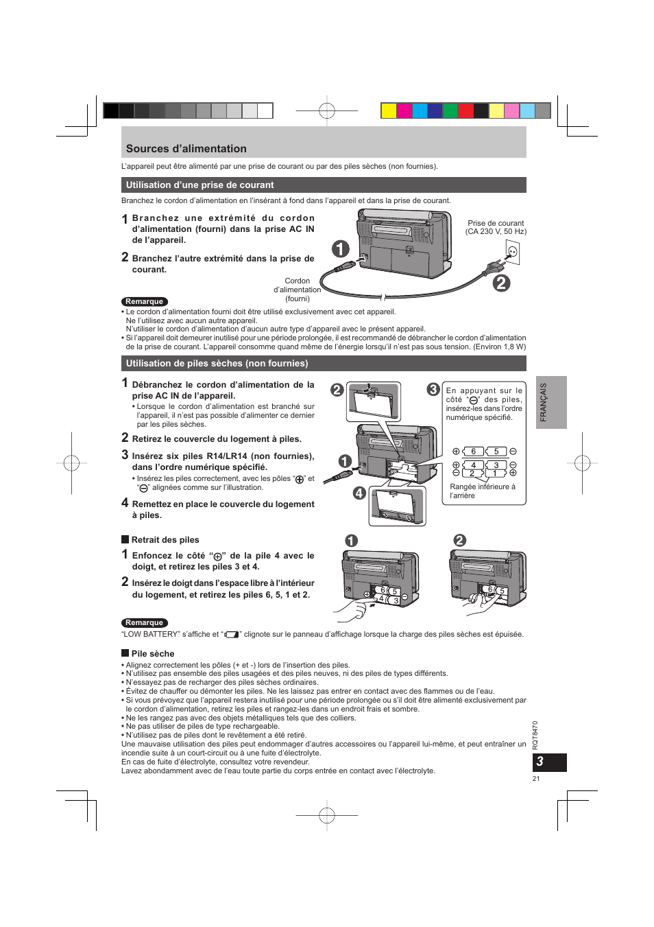 Sources d’alimentation | Panasonic RFU700 User Manual | Page 21 / 80