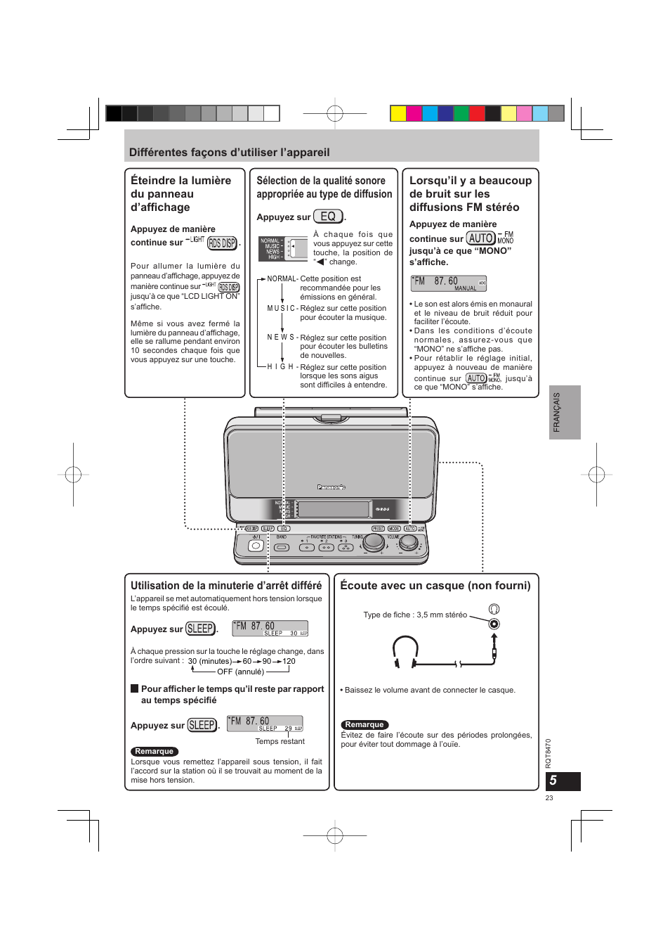 Utilisation de la minuterie d’arrêt différé, Écoute avec un casque (non fourni) | Panasonic RFU700 User Manual | Page 23 / 80